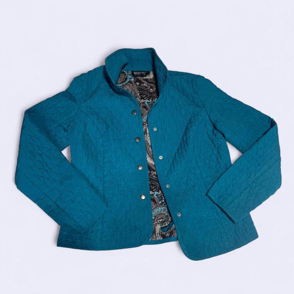 Briggs blue quilted button-up‎ jacket with paisley lining, size 4P Petite